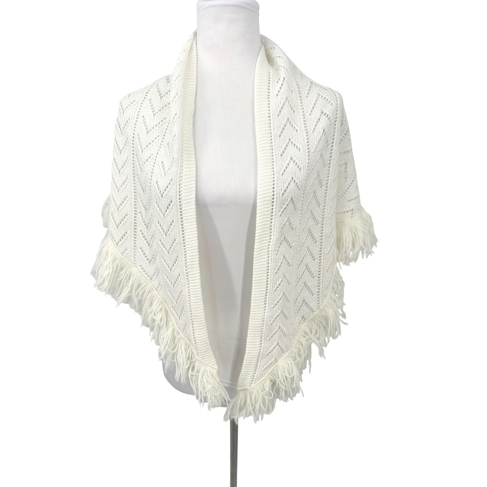 Vintage Shawl Wrap Women OS Ivory Pointelle Knit Fringe Crochet Boho Grannycore